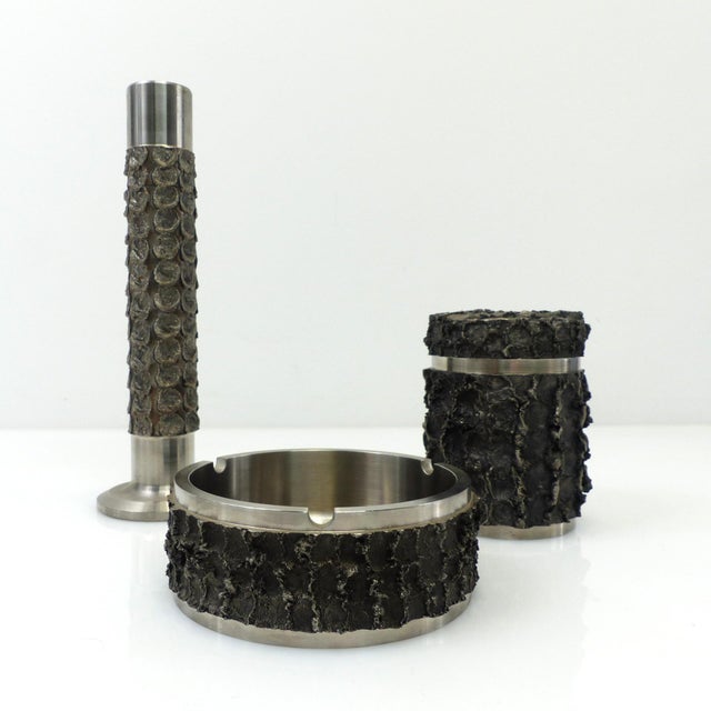 Brutalist Metal Ashtray with Cigarette Box and Vase from BMF, Germany, 1970s, Set of 3 For Sale - Image 6 of 6