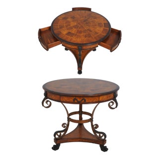 Theodore Alexander Round Iron and Burl Walnut Drum Table For Sale