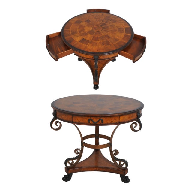 Theodore Alexander Round Iron and Burl Walnut Drum Table For Sale
