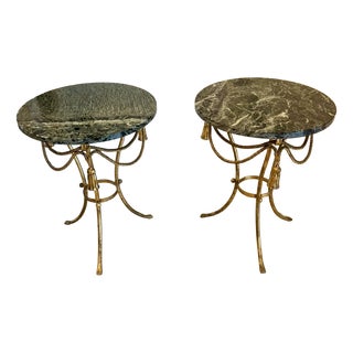 Antique Italian Gilt Metal and Verde Marble Tassel Side Tables, 1920, Set of 2 For Sale
