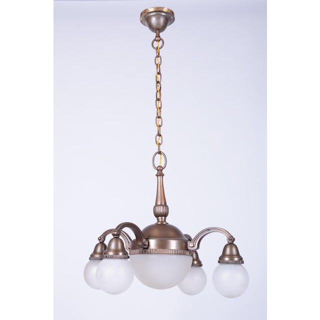 Art Deco Salon Chandelier in Brass and Milk Glass, 1920s For Sale - Image 13 of 13