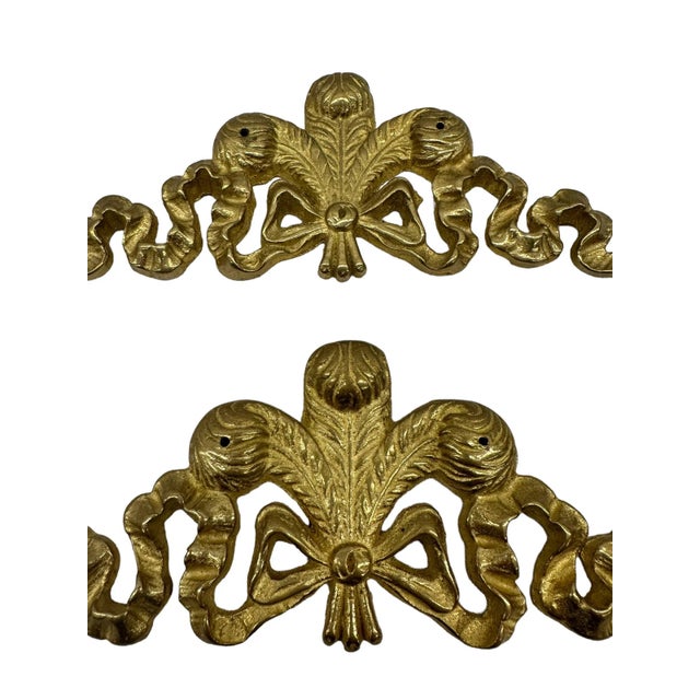French Pair of Vintage Solid Brass Bow Swag Wall Hangings For Sale - Image 3 of 7