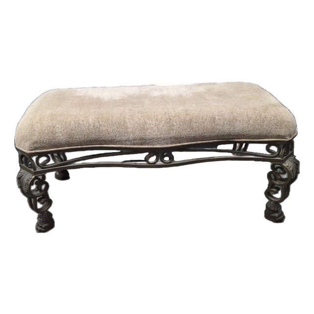 1980s Vintage Baroque Wrought Iron Upholstered Bench With Paw Feet For Sale