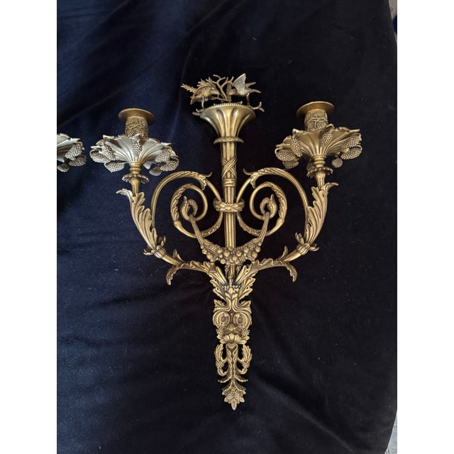Neoclassical Vintage Pair Decorative Crafts Inc. Neoclassical Brass Two Arm Candle Sconces. Rare For Sale - Image 3 of 10