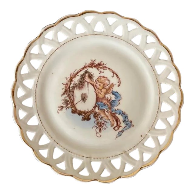 Antique English Romantic Cherub Cupid Valentines Heart Porcelain Plate With Reticulated Margin and Gold Rim For Sale
