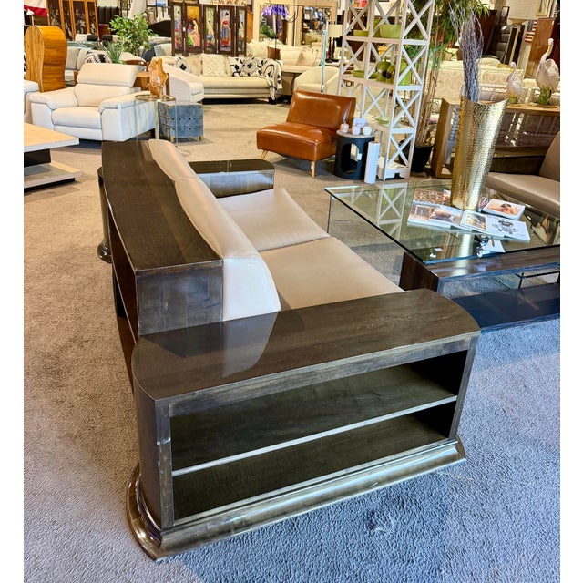 Leather & Dark Wood Sofa With Built-in Shelving For Sale - Image 4 of 6