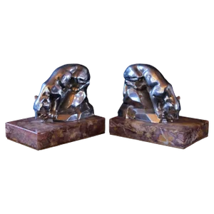 Art Deco Red Marble Polychromed Bookends with Drinking Panthers, France, 1930s, Set of 2