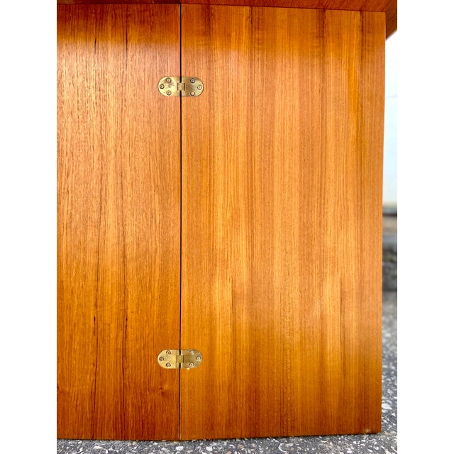Danish Late Mid Century Fold-Open Teak Dining or Console Table With Hinged Tabletop and Legs | by Sannemann Denmark For Sale - Image 9 of 12