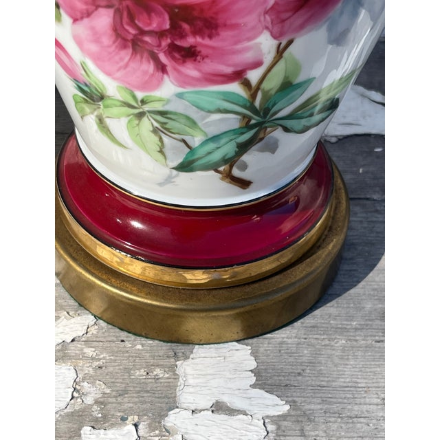 Shabby Chic 1920s Hand-Painted Table Lamps Milk Glass With Azalea Decoration - Pair For Sale - Image 3 of 6