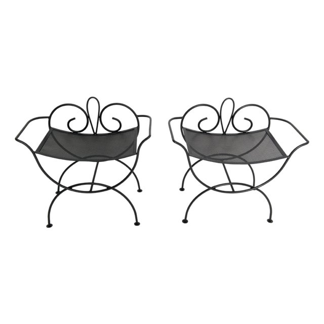 1940s Salterini Style Wrought Iron Benches, Black, American Classical, A Pair For Sale