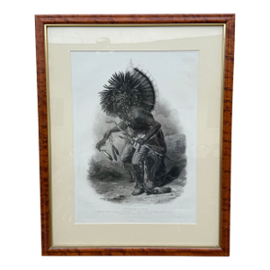 Mid 9th Century “Pehriška-Ruhpa” Native American Portrait Lithograph by Karl Bodmer in Burlwood Frame
