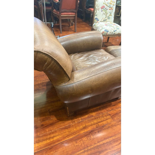 Mitchell Gold 1930s Style Leather Manhattan Club Chair and Ottoman For Sale In New York - Image 6 of 11