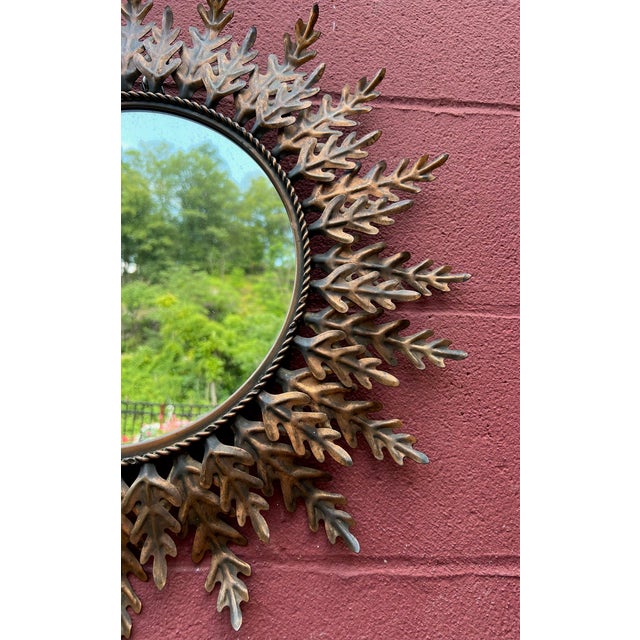 Metal Spanish 1950's Round Gilt Metal Sunburst Mirror For Sale - Image 7 of 12