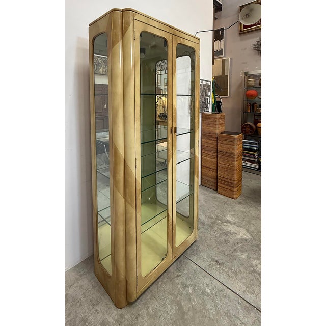 Vintage Laquered Faux Goatskin and Glass Vitrine Cabinets, Pair For Sale - Image 4 of 10