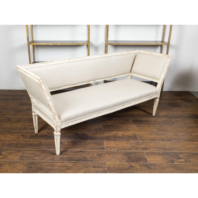 Italian 19th Century White Painted Sofa with Slanted Sides and Distressed Patina For Sale - Image 4 of 10