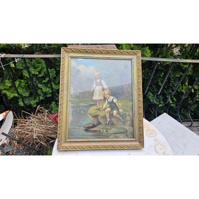 Art Nouveau, Children Fishing, 1890s, Chromolithograph For Sale - Image 15 of 15