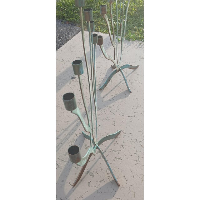 Vintage 7 Arm Brutalist Candelabra Hand-Forged Iron and Copper With Verdigris, a Pair For Sale - Image 9 of 15