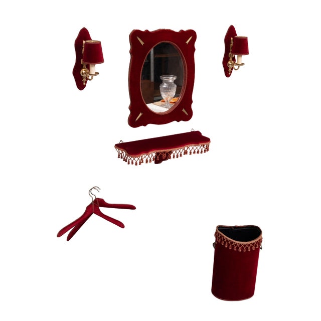 Puts a smile on my face this 7 piece Red Velvet Hall Set . Mirror, console, dustbin, 2 Brass Wall lights and shades . 2...
