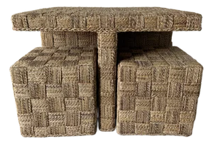 Vintage Coastal Organic Boho Chic Handwoven Seagrass Dining Table With 4 Stools – Set of 5