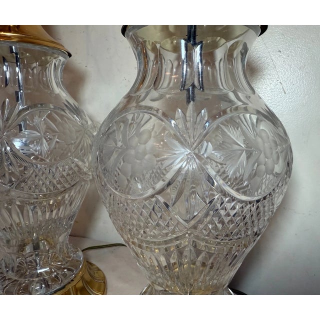 1990s 1990s Large Pair of Quality Vintage Brass Cut Crystal Electric Table Parlor Lamps For Sale - Image 5 of 11