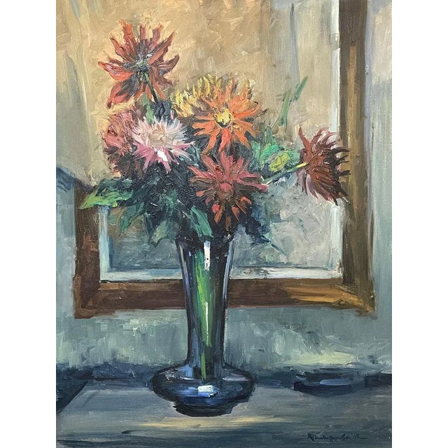 Oil on canvas, Vase of Flowers, executed and signed by Nicola Sponza, a 20th-century tonalist. Part of the collection of...