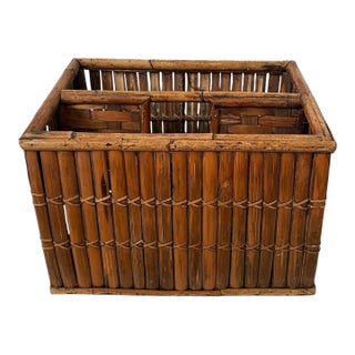 Vintage MCM Burnt Bamboo Magazine Rack Twin Compartment Boho Tiki Accent For Sale