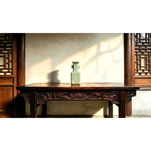 Art Deco Chinese Ceramic Vase Guan Ware Crackle Glaze Celadon Double Ears Vase For Sale - Image 3 of 6