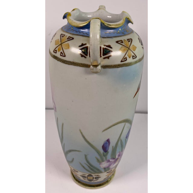 Antique Japanese Hand-Painted Porcelain Vase With Birds & Iris Flowers, Jeweled Gilt Decoration For Sale - Image 10 of 14