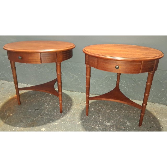 Traditional Vintage Traditional Round Carved Faux Bamboo Side / End Tables by Lane. A - Pair For Sale - Image 3 of 12