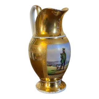 Antique Early 19th Century French Empire Paris Porcelain Ewer, Pitcher or Jug With Hand Painted Landscape For Sale