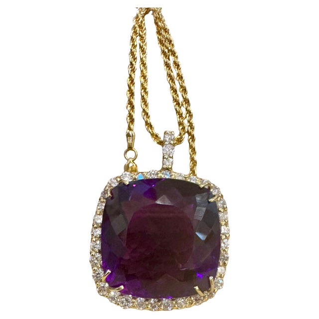 110Ct Cushion Amethyst & 5 Ct Diamond Pendant Necklace 14 K Yellow Gold + Chain For Sale - Image 15 of 18