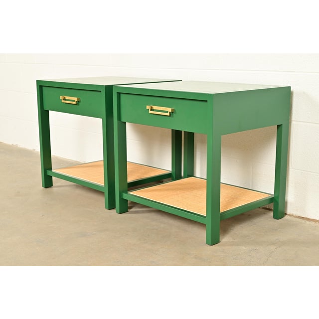 Michael Taylor for Baker Furniture Mid-Century Hollywood Regency Green Lacquer and Cane Campaign Nightstands, Newly Refinished For Sale - Image 15 of 15