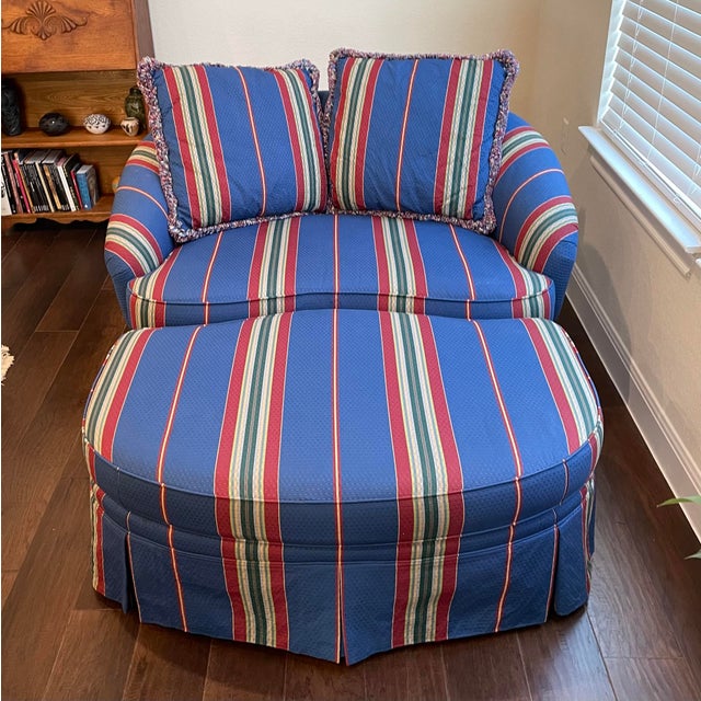 1990s Drexel Heritage Media Lounge Chair, Ottoman and Throw Cushions