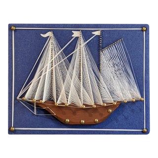 Mid 20th Century Blue and White Handcrafted Ship String Art For Sale