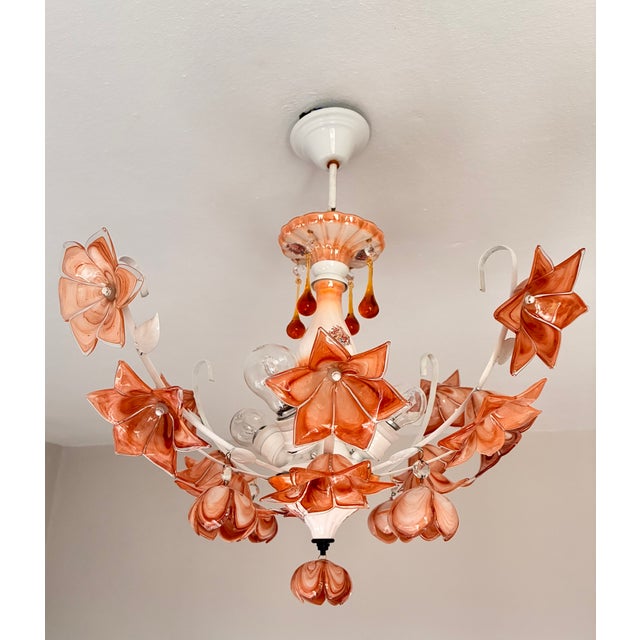 Vintage Italian Murano Style Amber Brown Floral Chandelier - Porcelain Body With Crystal Teardrops For Sale - Image 18 of 18