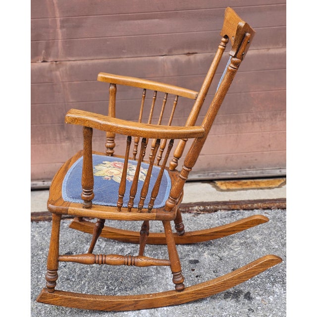 Early 20th Century Early 20th Century Victorian Arts and Crafts Pressback Oak & Needlepoint Upholstered Rocking Chair For Sale - Image 5 of 7