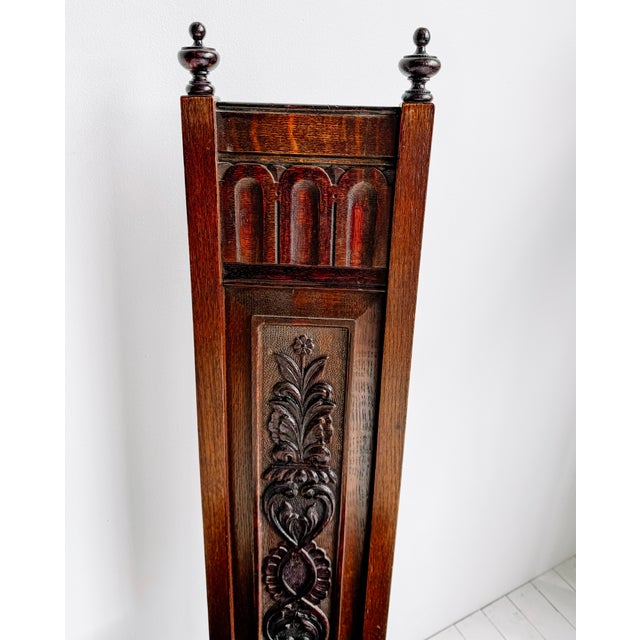 Wood Vintage Gothic Revival Oak Hall Chair With Carved Back and Casters For Sale - Image 7 of 12