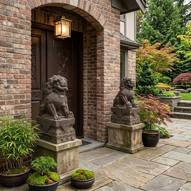 2010s 20" Pair Chinese Rustic Stone Fengshui Foo Dogs Lions Statue For Sale - Image 5 of 9