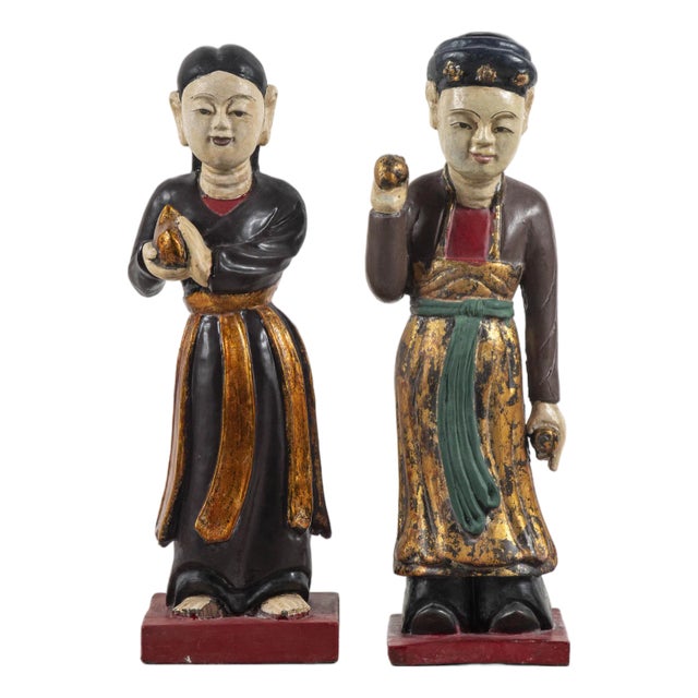 Asian Wooden Figurative Sculptures, Set of 2 For Sale