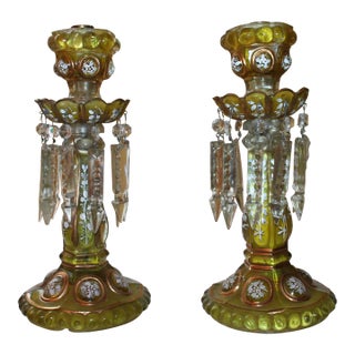 19th Century French Napoleon III Amber Medallion Series Crystal Candle Holders Unmarked Baccarat- a Pair For Sale