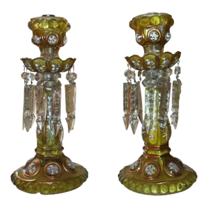 19th Century French Napoleon III Amber Medallion Series Crystal Candle Holders Unmarked Baccarat- a Pair