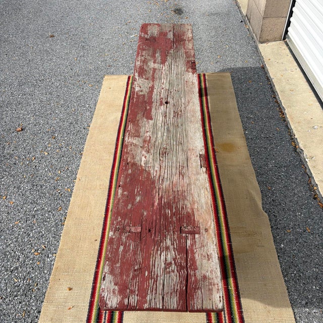 Antique Pennsylvania Mortised Bench in Old Red Paint, Lancaster County, Circa 1860s For Sale - Image 6 of 18