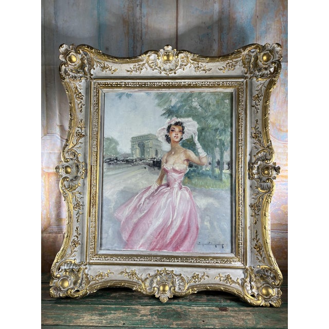 Eugène Lelièpvre, Woman in a Pink Dress in Front of the Arc De Triomphe, Paris, 1950s, Oil on Canvas, Framed For Sale - Image 13 of 13