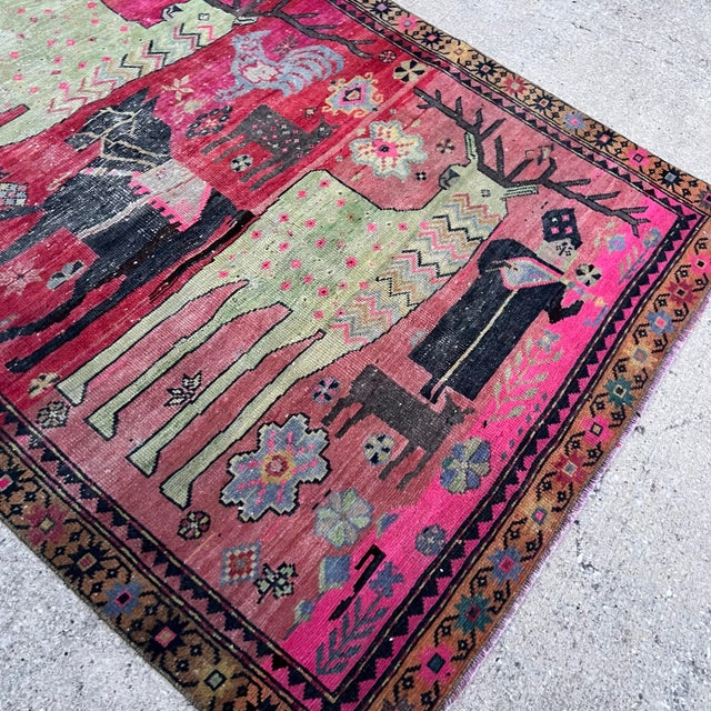Antique Early 1900s Karabagh Rug, Handwoven Caucasian Wool Rug With Vibrant Deer & Floral Motifs, 4x9 Vintage Runner For Sale - Image 4 of 10