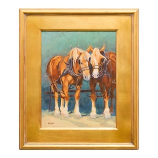 Mid 20th Century Draft Horses in Harness Oil Painting Signed by Becker For Sale