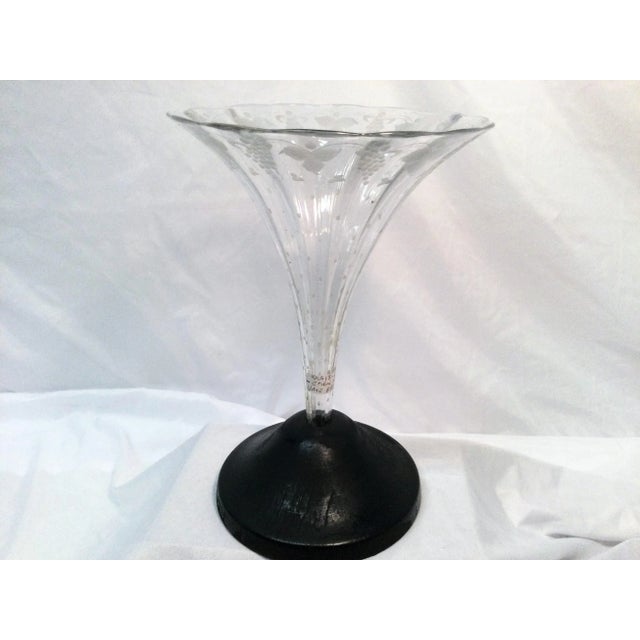 Antique English Etched Trumpet Flower Vase With Wooden Base - Circa 1880 Measures 11" X 7 1/2" X 6 1/4"