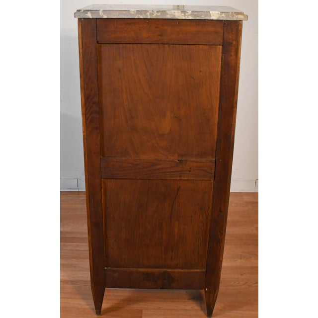 1900s Antique French Louis XVI Walnut Satinwood Inlay & Marble Top Cabinet For Sale - Image 10 of 12