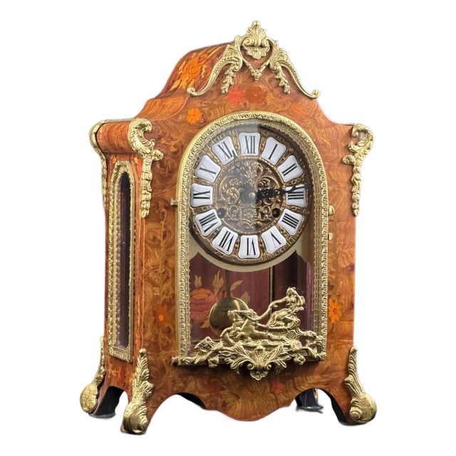 Italian Inlaid Mantel Clock, German Movement, 152in, 1940s For Sale
