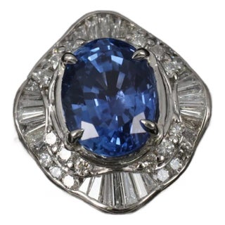 Late 20th Century 4.26ct Gia Ceylon Cornflower Blue Sapphire 0.71ct Diamond Platinum Ring Size 6.5 For Sale