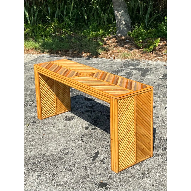 Vintage Boho Tonal Chevron Rattan Console Table | Chairish